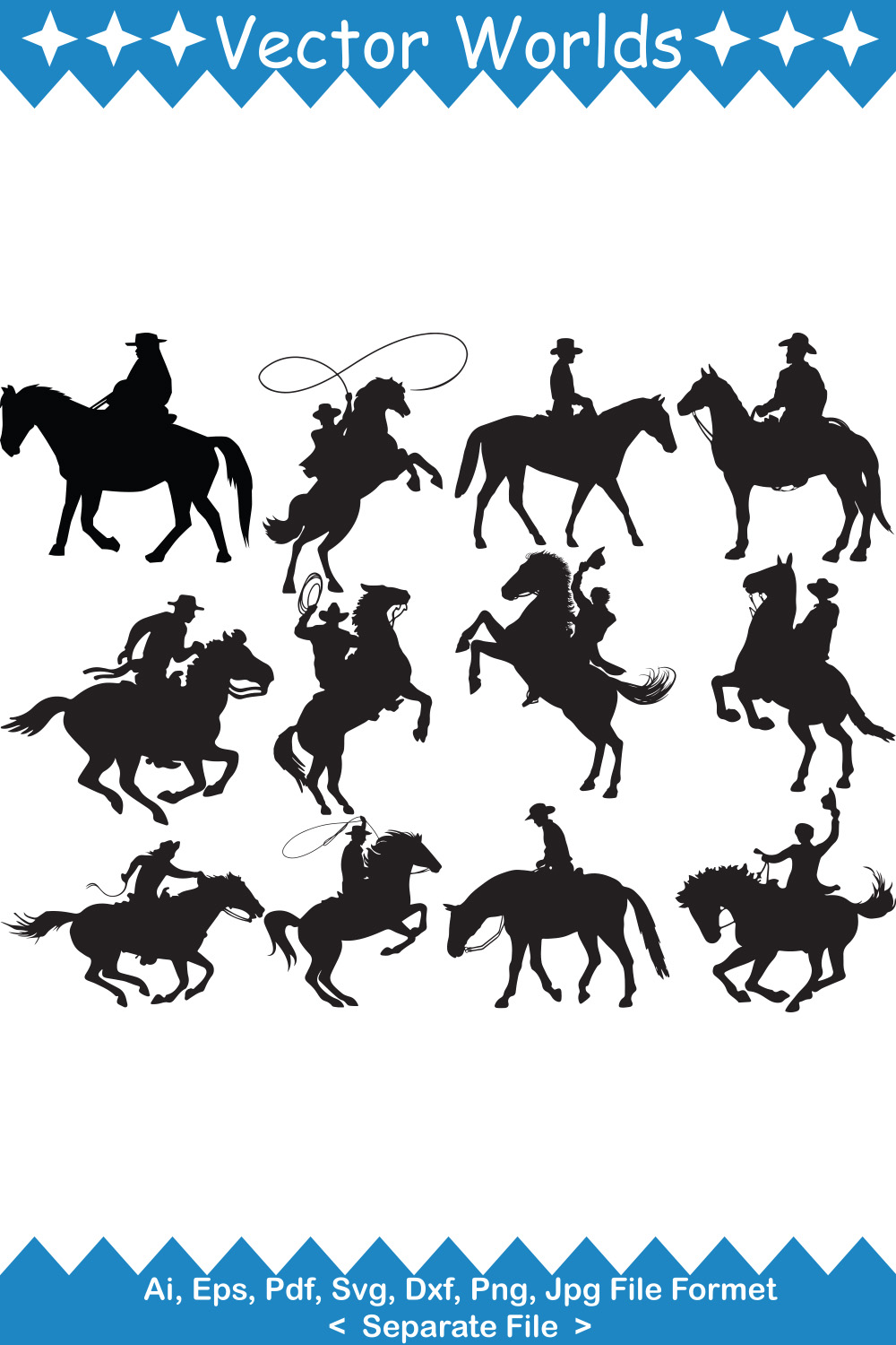 Collection of enchanting vector image of silhouettes of cowboys on a horse