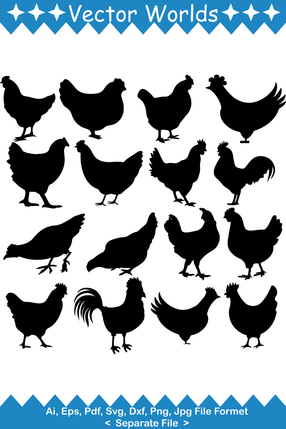 Set of silhouettes of chickens and roosters.