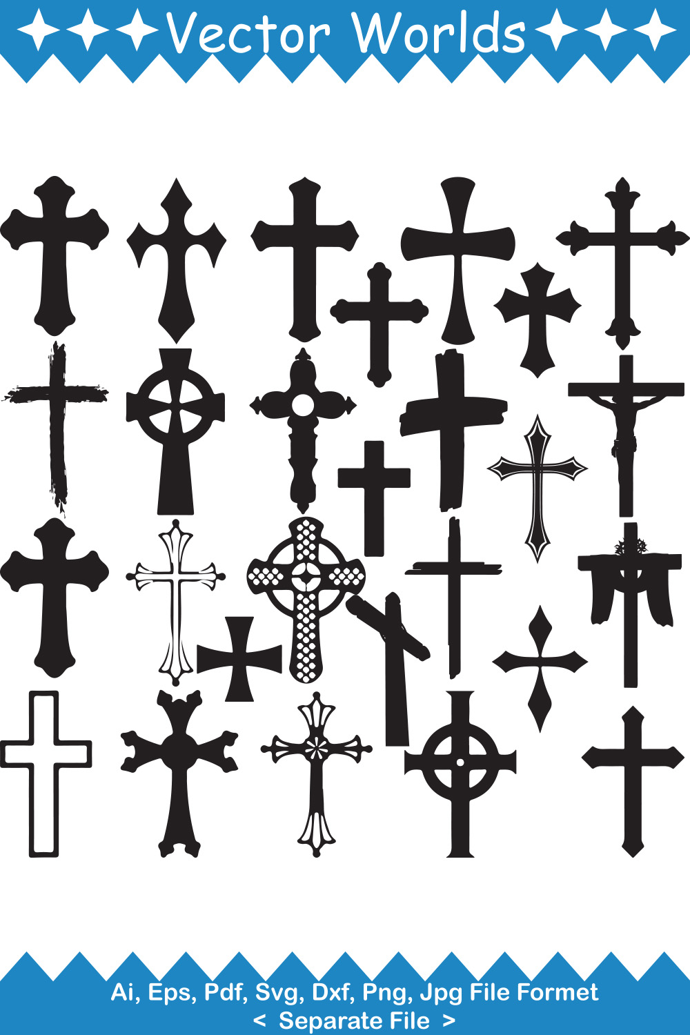 Set of unique images of crosses silhouettes