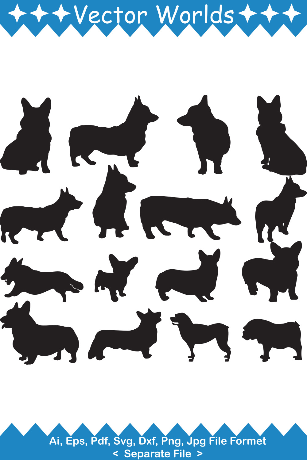 Set of silhouettes of dogs on a white background.