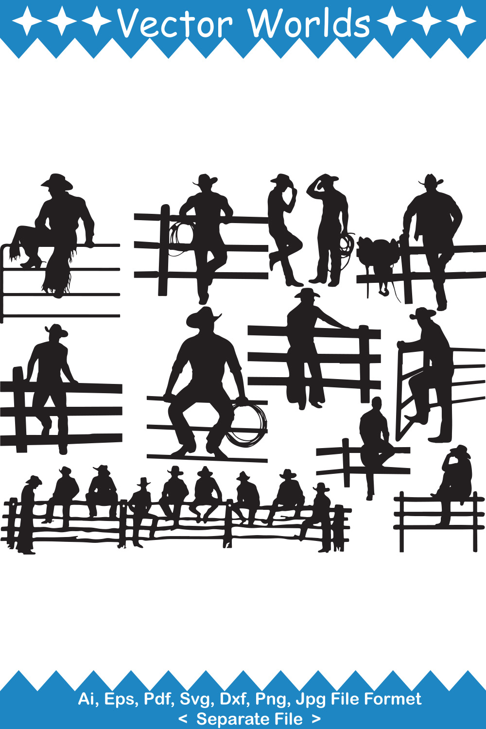 Collection of enchanting vector image of silhouettes of cowboys near the fence