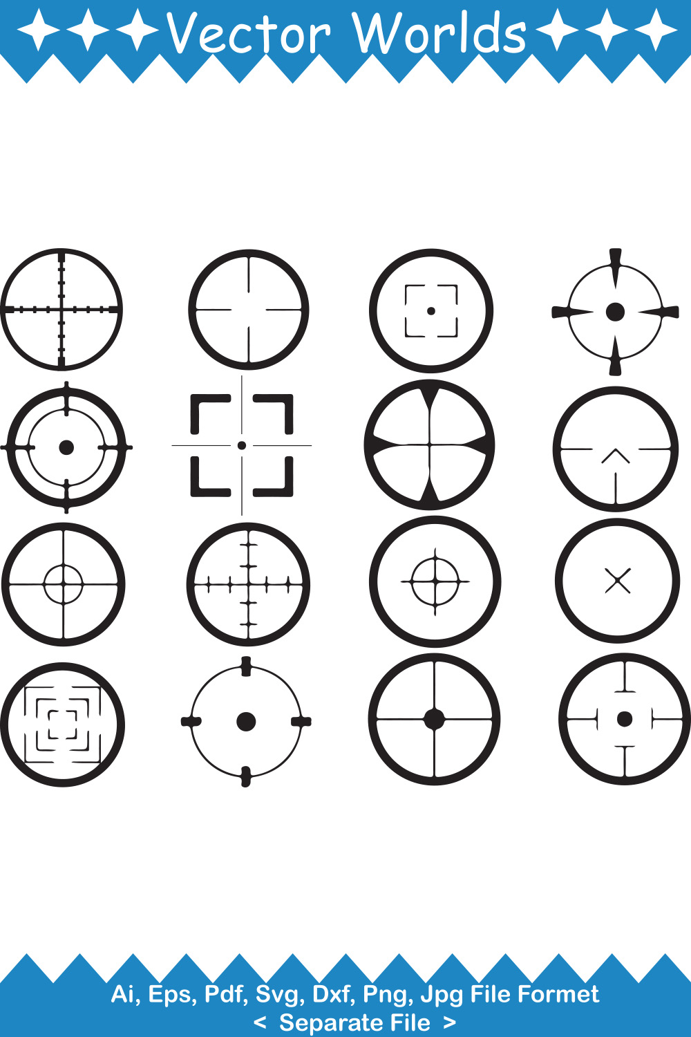 Set of unique images of crosshair silhouettes