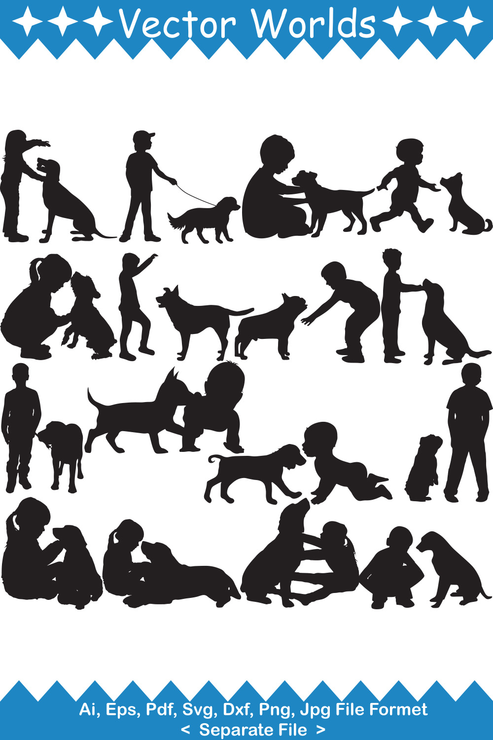 A selection of unique vector images of the silhouette of a child with a dog.