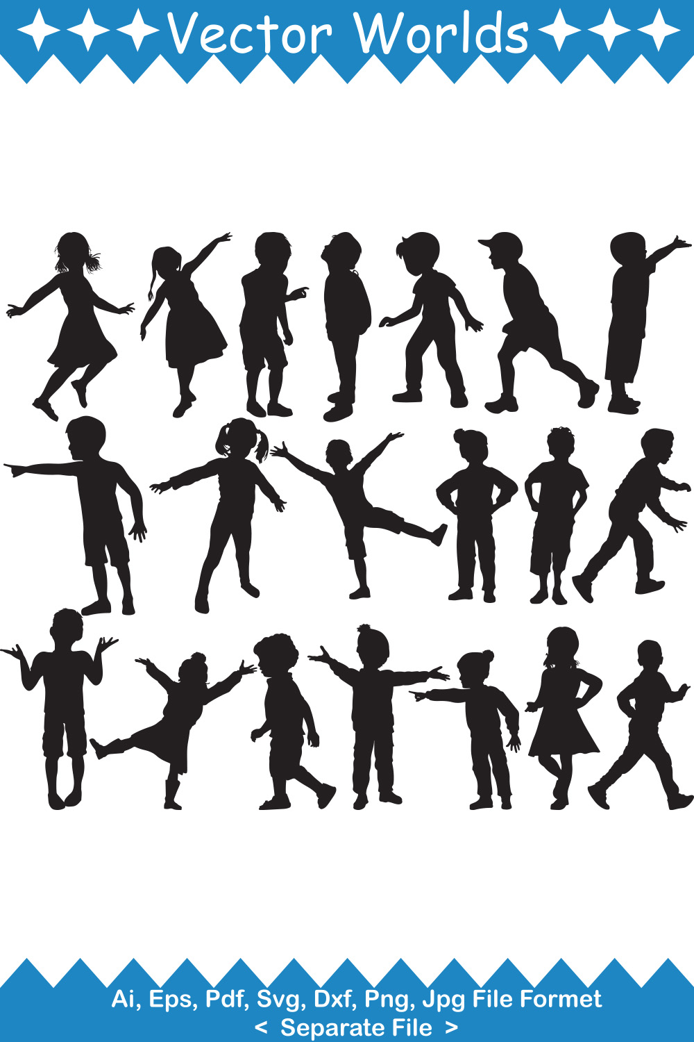 Collection of amazing vector illustration of children silhouette.