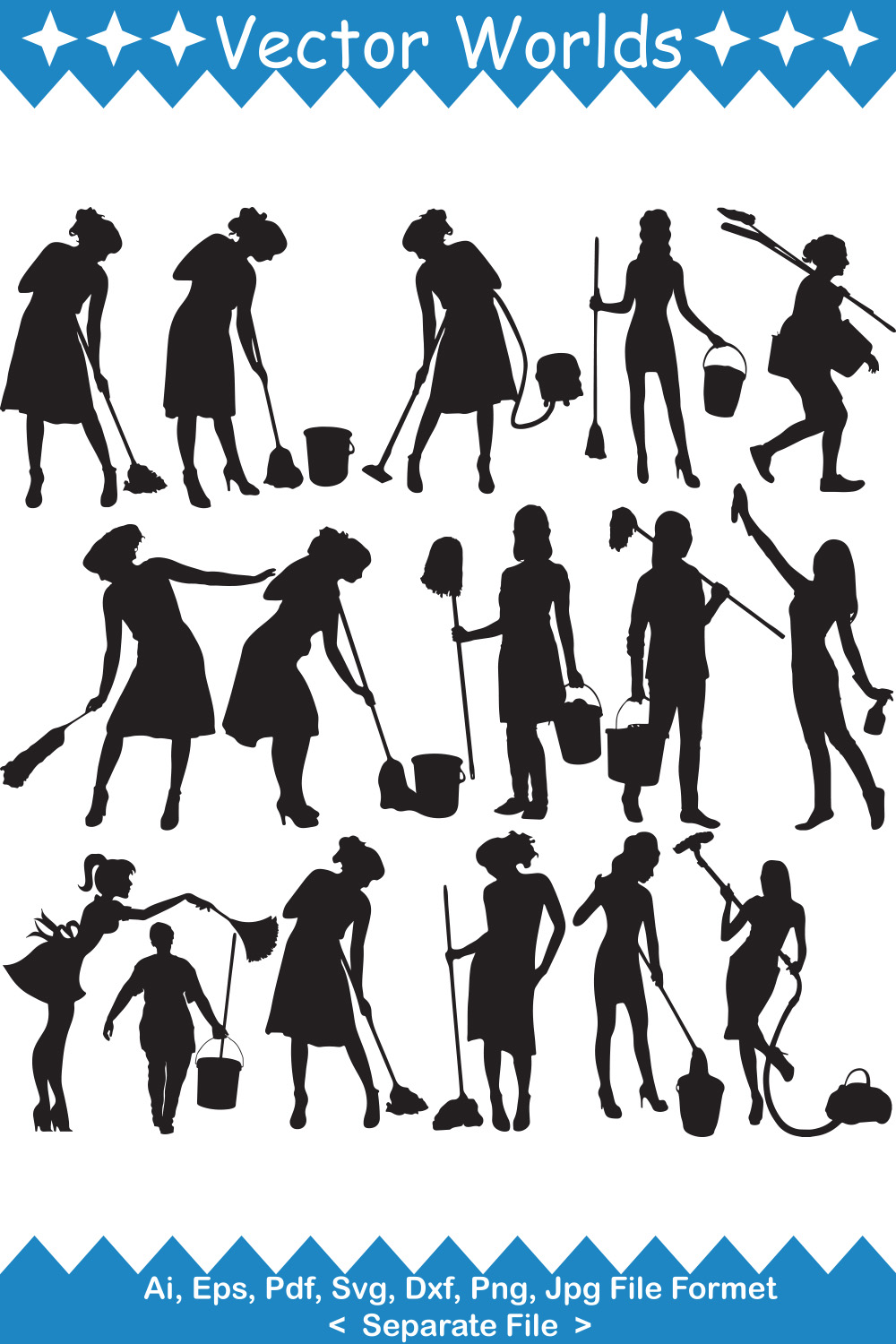 Collection of unique vector image silhouettes of cleaning women
