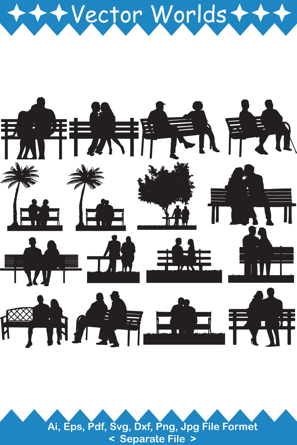 Set of wonderful vector images of silhouettes of couples on benches