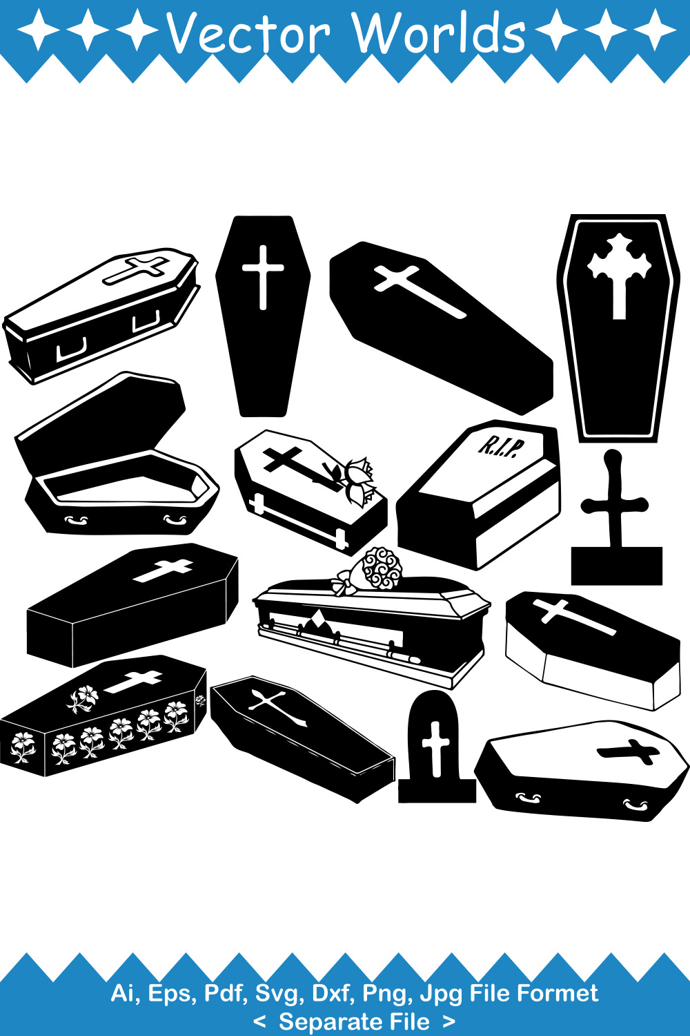 Set of wonderful vector images of silhouettes of coffins
