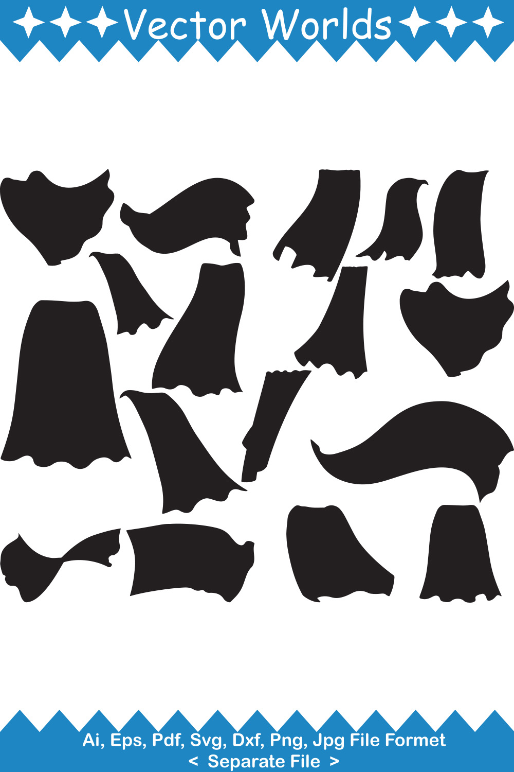 A selection of unique vector images of the silhouettes of cloth flying