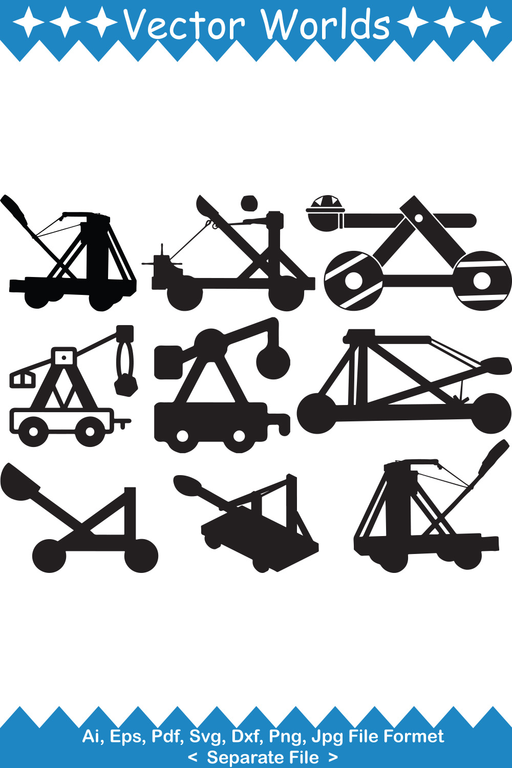 Collection of beautiful catapult silhouette vector images.