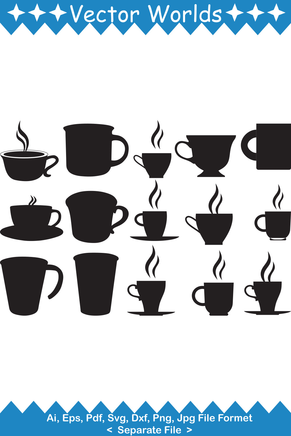 Set of beautiful vector images of silhouettes of coffee cups
