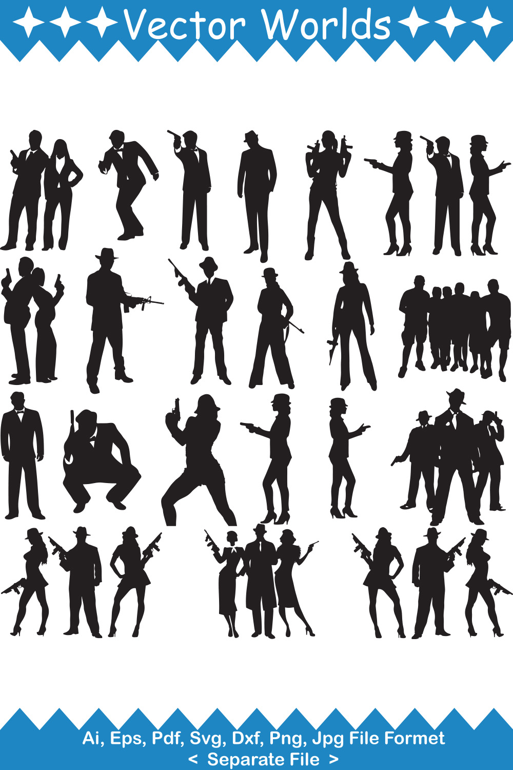 Pack of wonderful images of silhouettes of gangsters