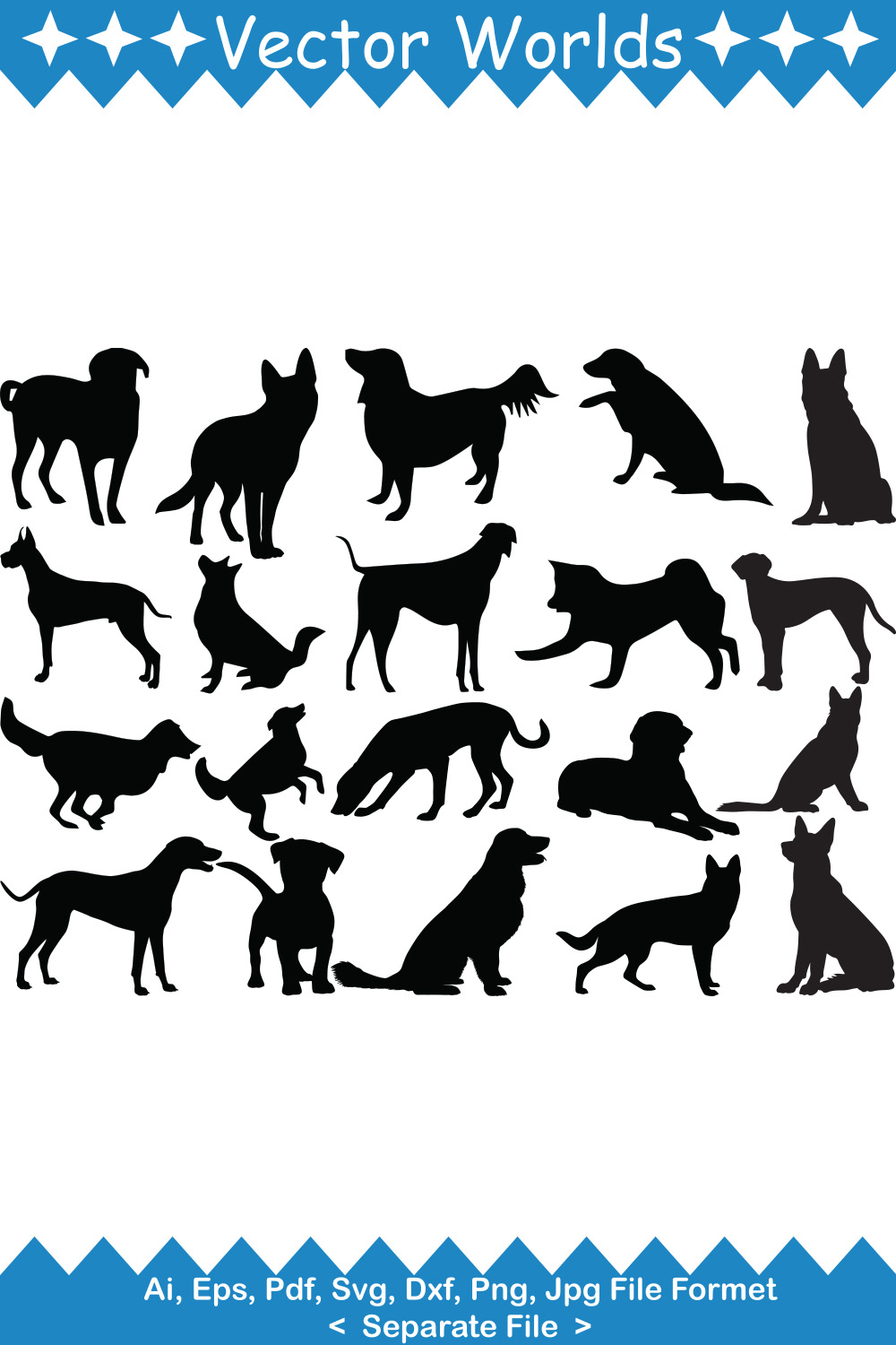 Set of dog silhouettes in different poses.