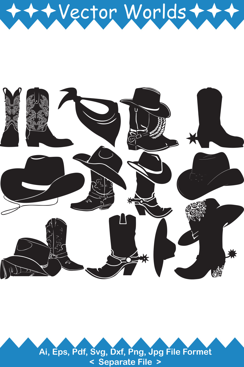 Set of amazing vector images of cowboy clothes silhouettes