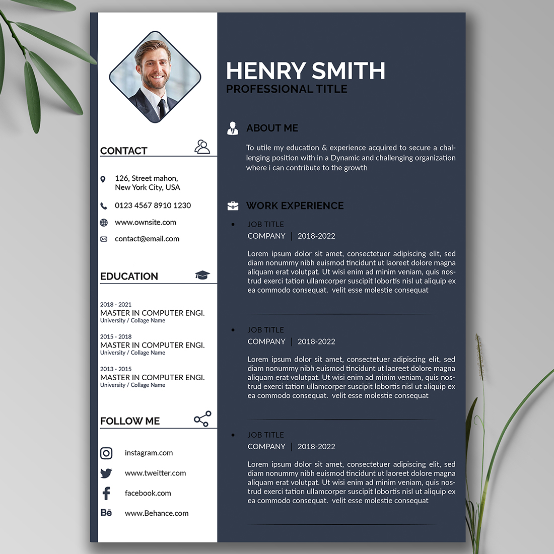 Professional resume with a blue cover.