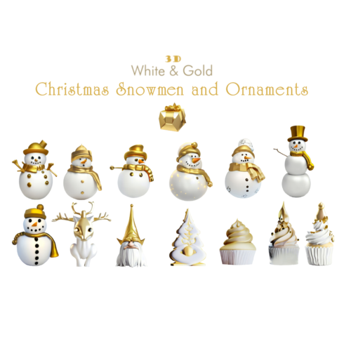 3D White and Gold Christmas Snowmen and Ornaments Clipart cover image.