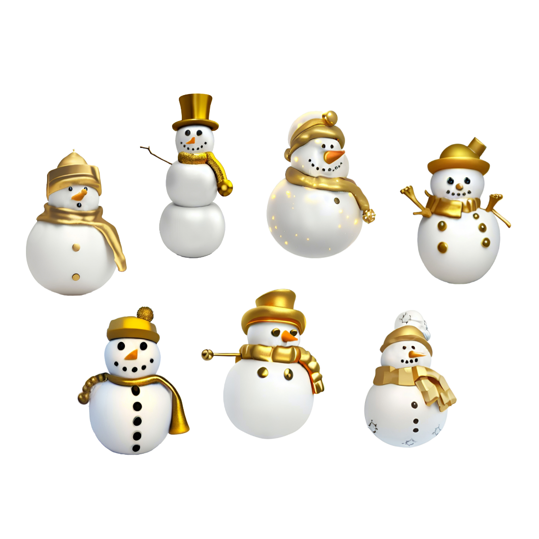Christmas Snowmen and Ornaments White and Gold Clipart cover image.