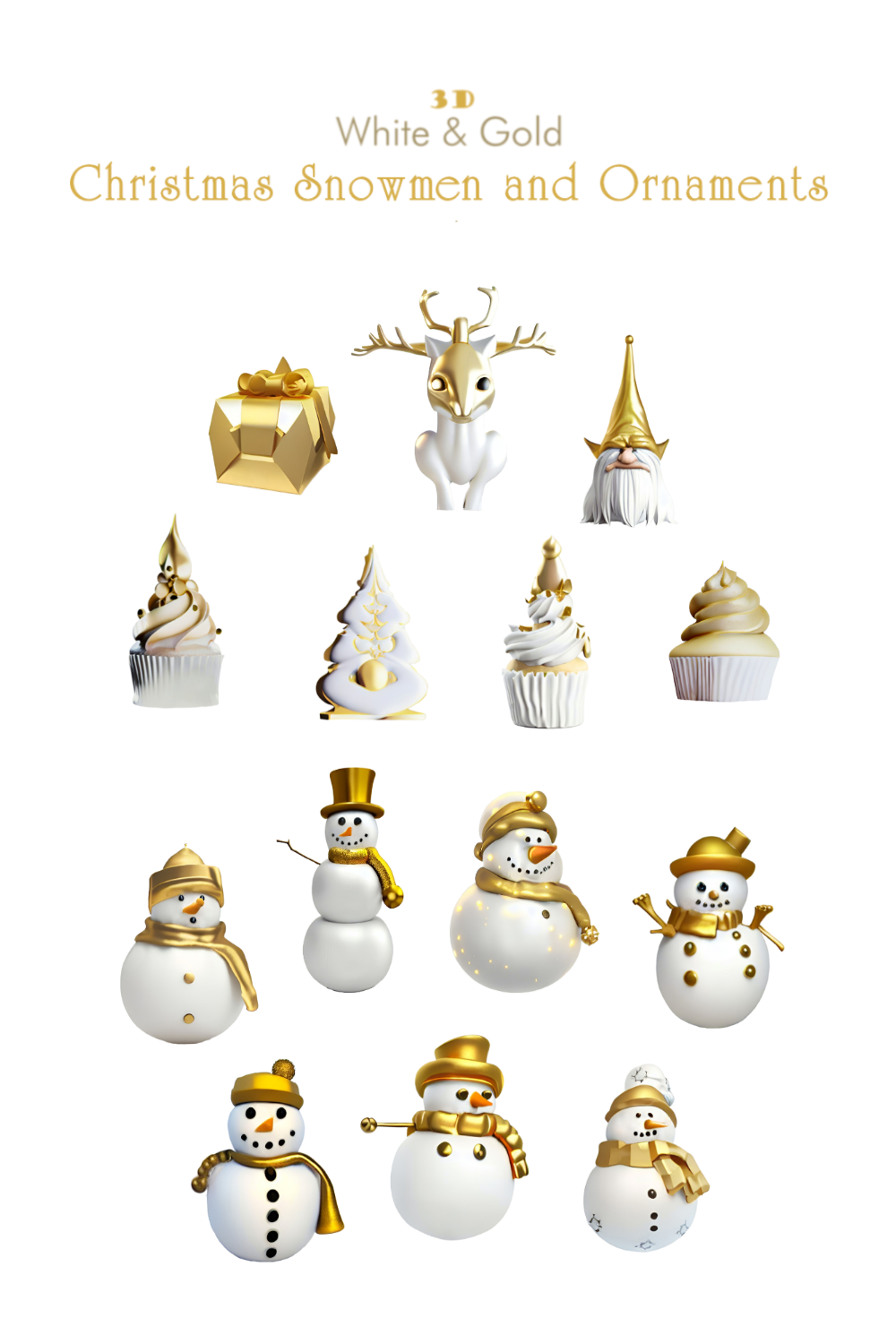 Christmas Snowmen and Ornaments White and Gold Clipart pinterest image.