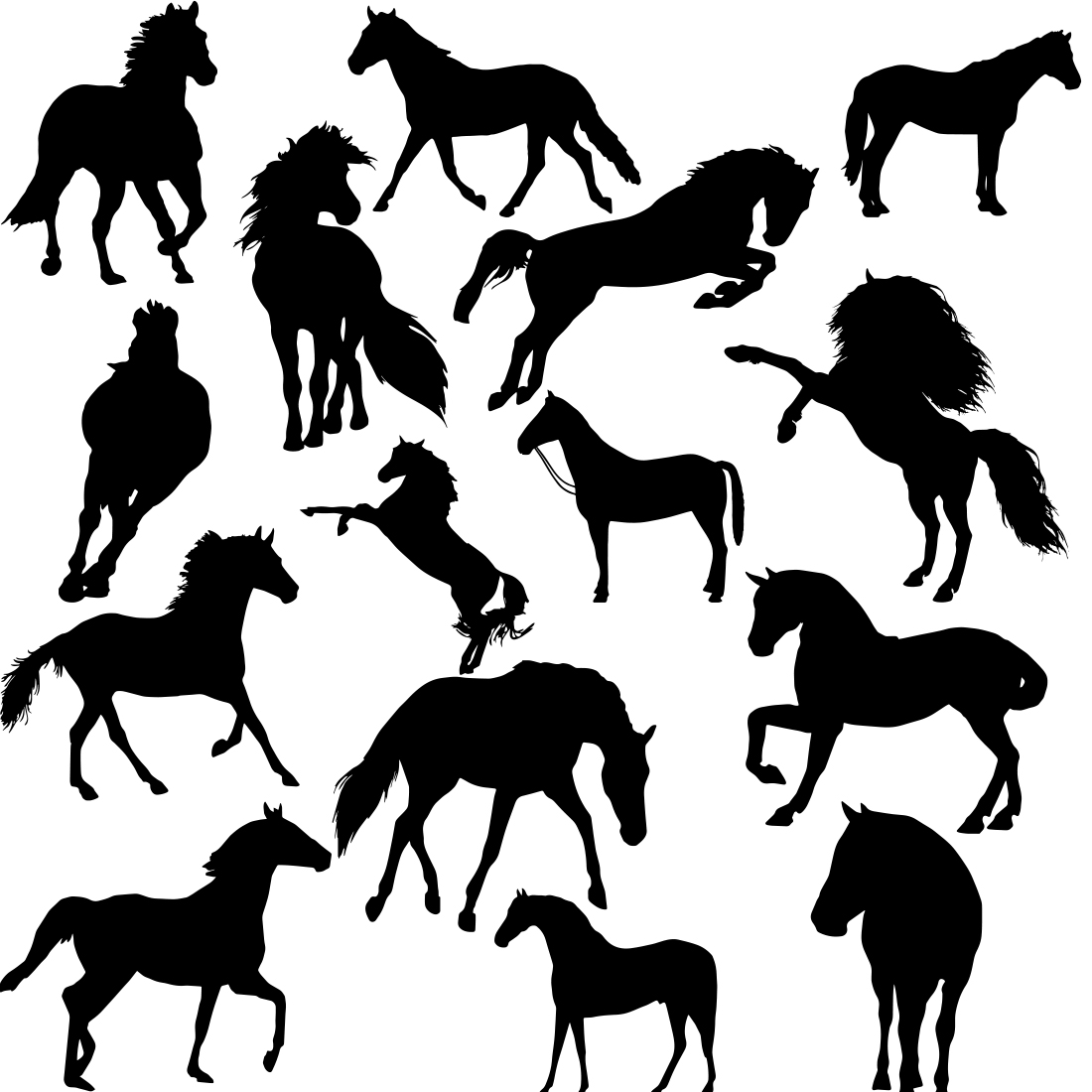 Collection of horses silhouettes on a white background.