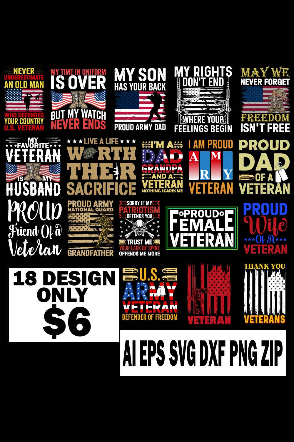 Veterans Day T-shirt Design SVG Bundle Pinterest collage image.
