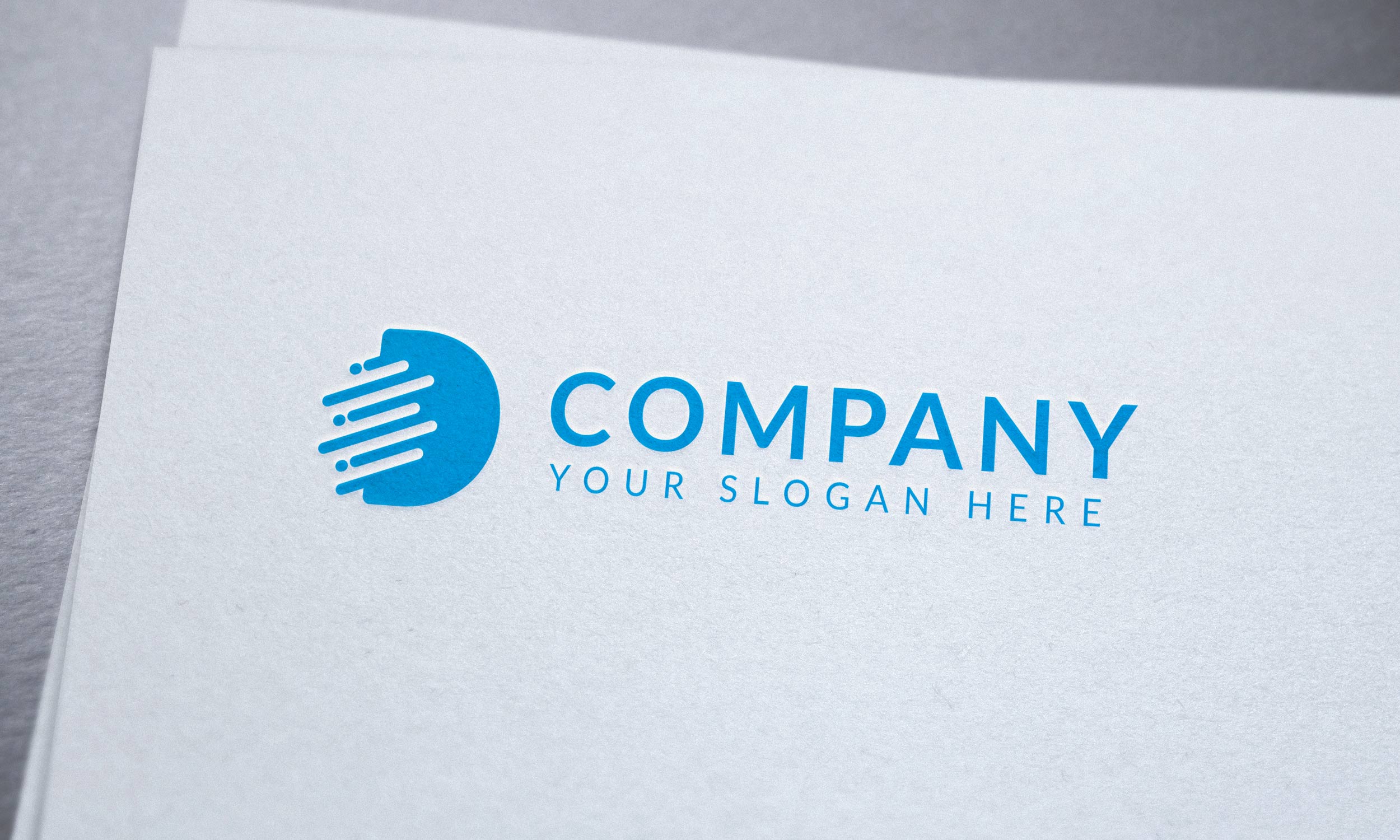 Blue logo with a round on a light paper.
