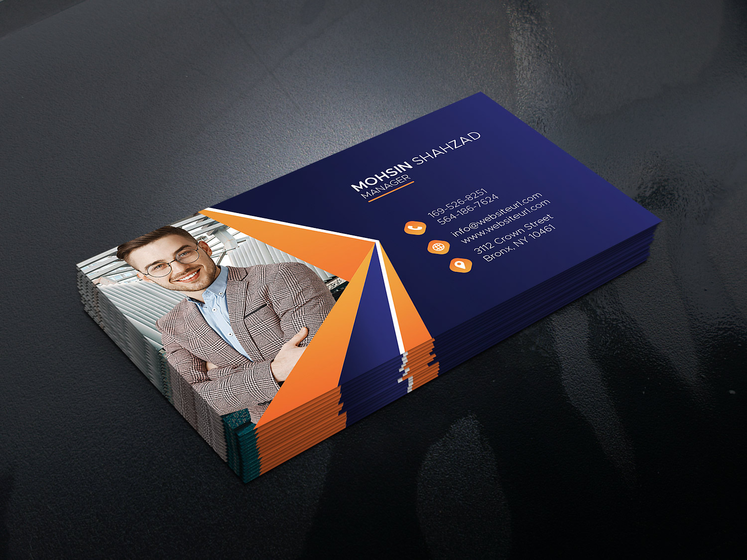 Creative Business Card Blue and Orange Template preview image.
