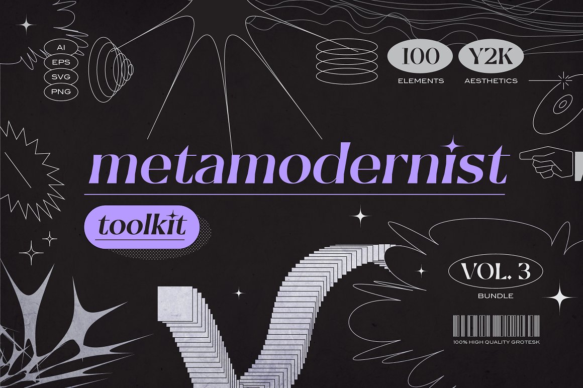 Purple lettering "Metamodernist toolkit" on a dark gray background with gray icons.