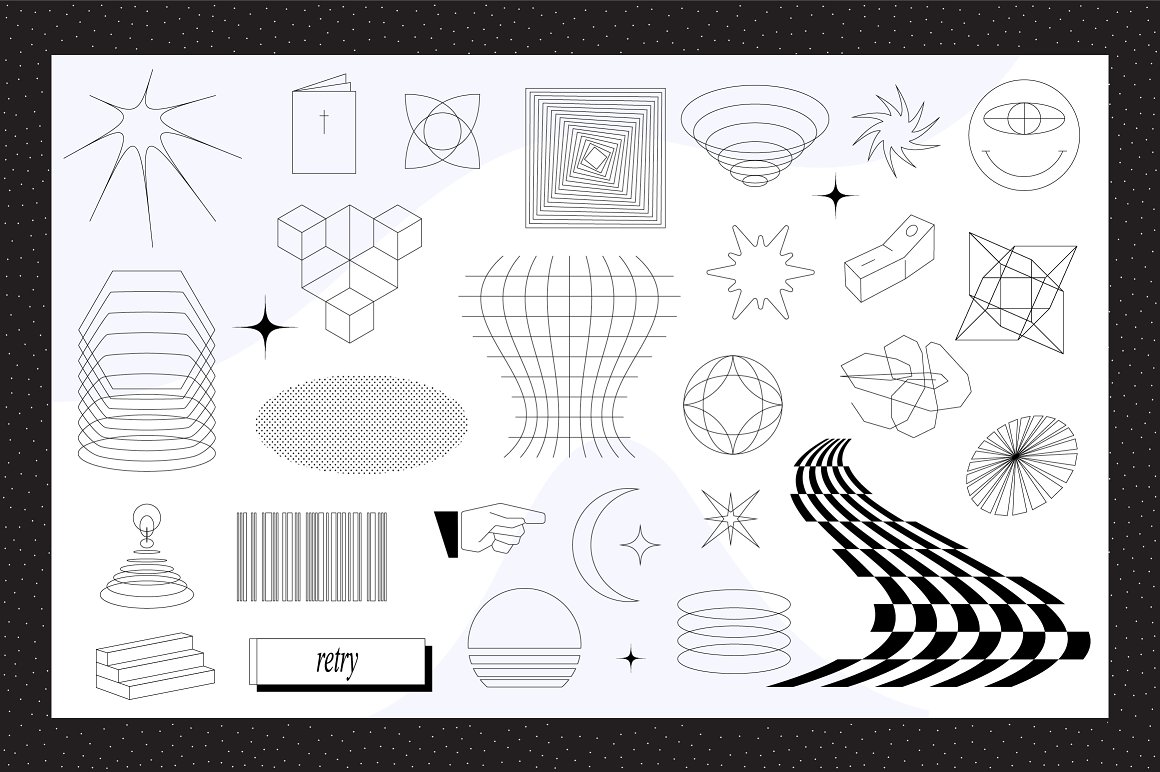 Collection of different metamodern icons on a gray background.