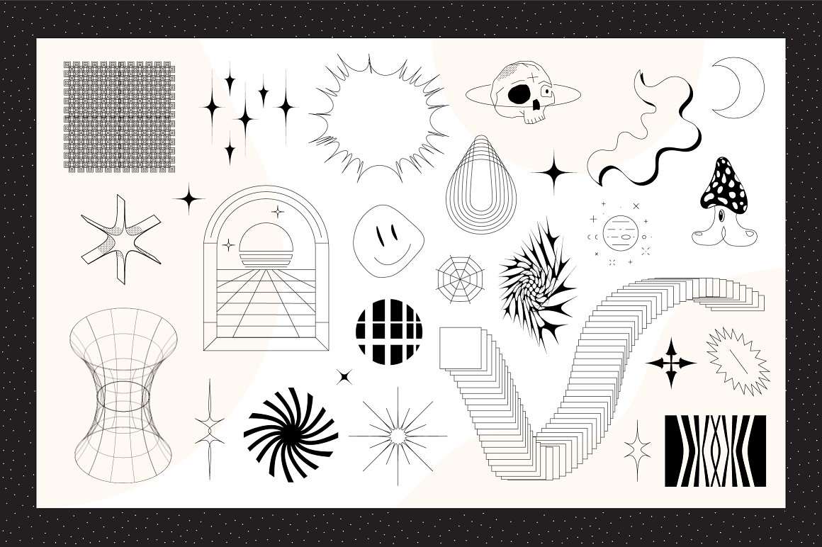 Black clipart of metamodern icons on a gray background.