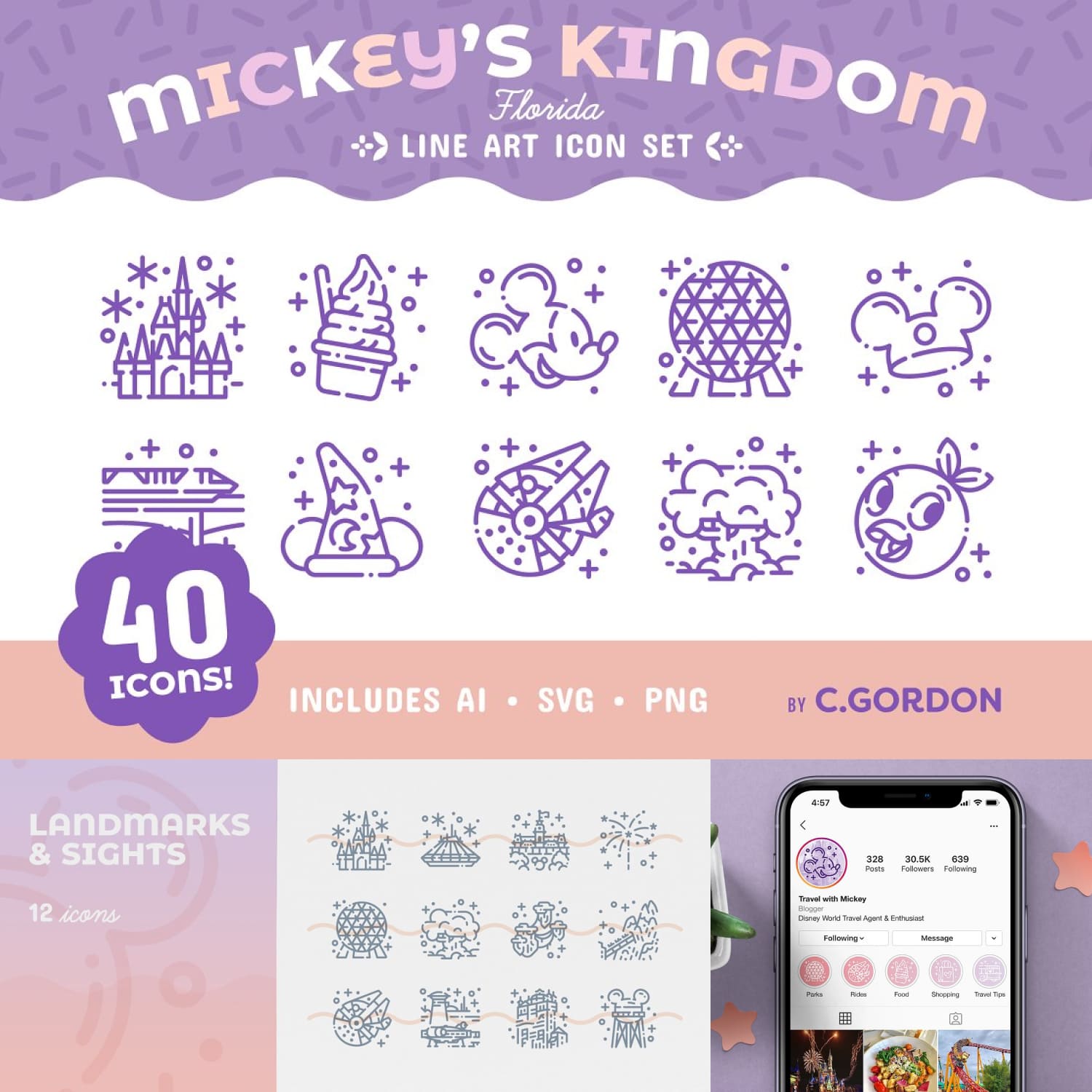 Mickey's Kingdom Line Art Icon Set.