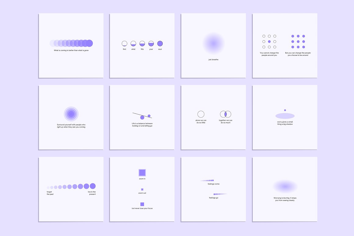 Bundle of 12 different Instagram templates of mindful visuals on a gray background.