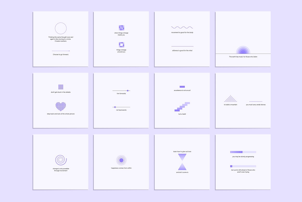 Huge pack of 12 purple mindful visuals Instagram infographics on a gray background.