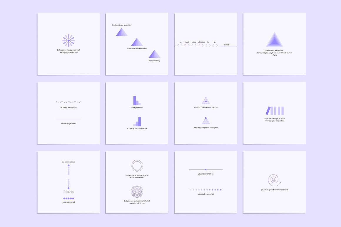 Purple pack of 12 mindful visuals Instagram post templates on a gray background.