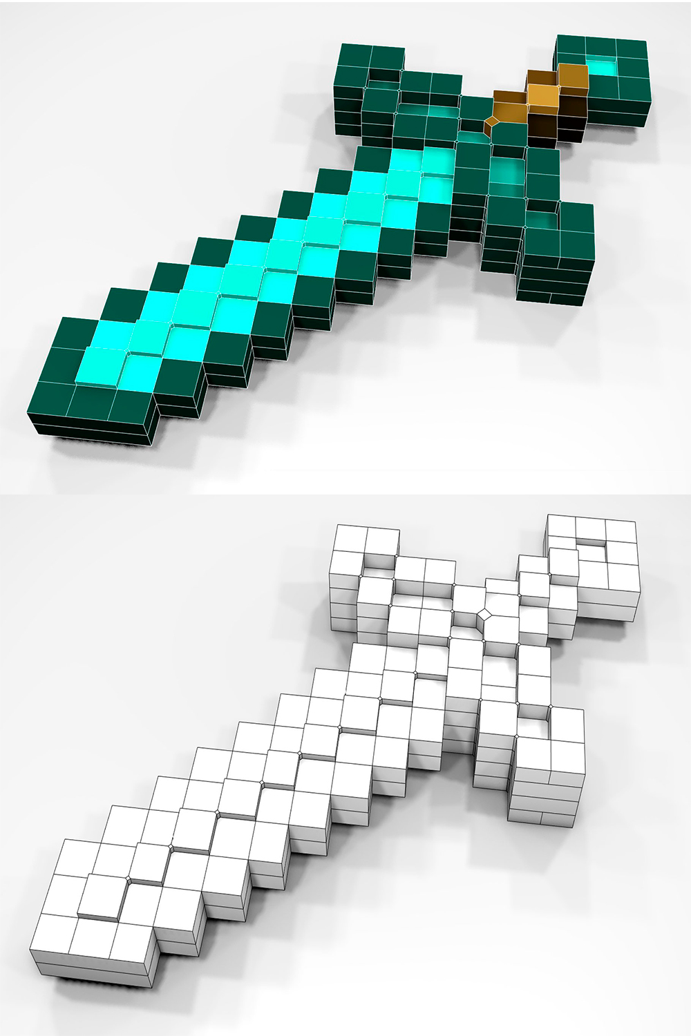 Beautiful 3d models of a diamond sword in the style of Minecraft