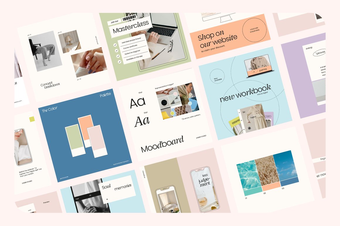 Mockup moodboard of different infographics on a pink background.