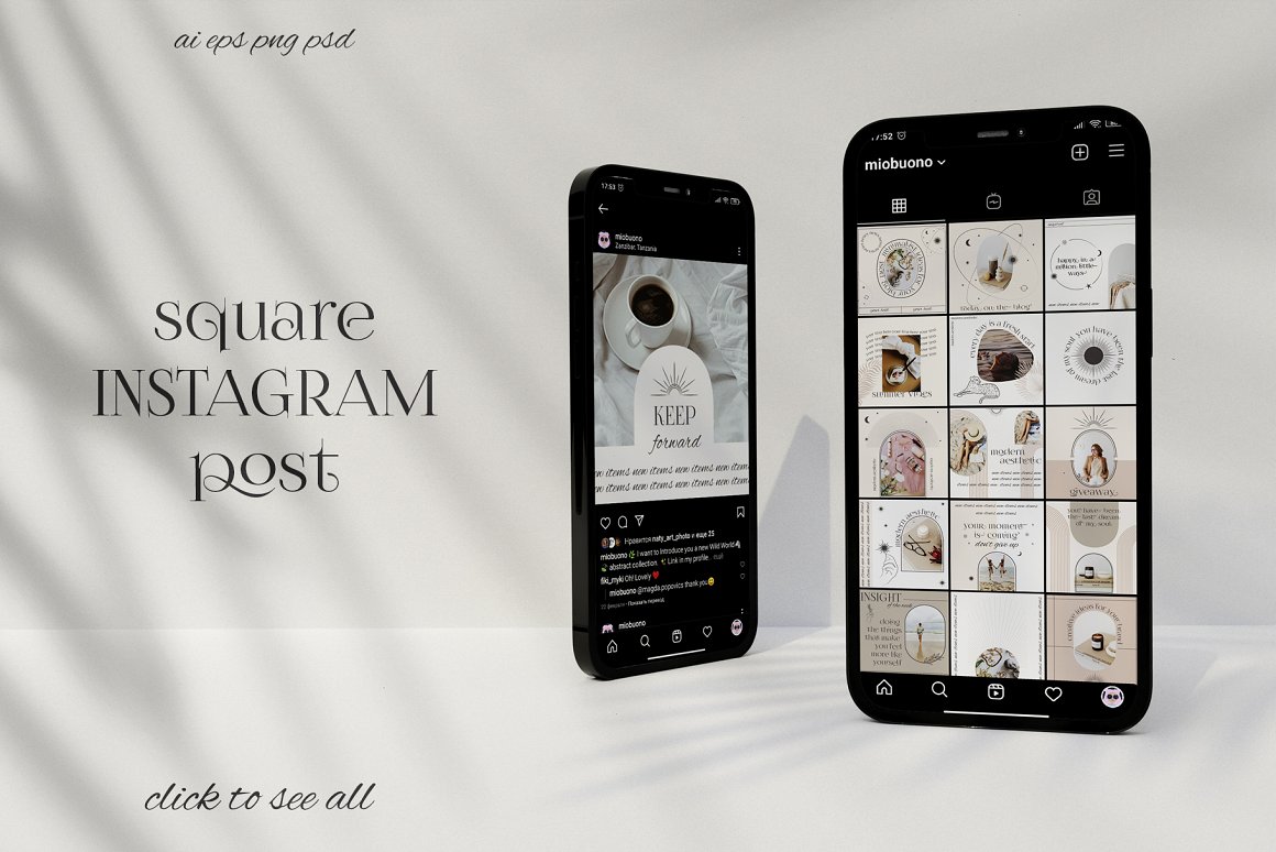 2 mockups of iphone with square Instagram posts.