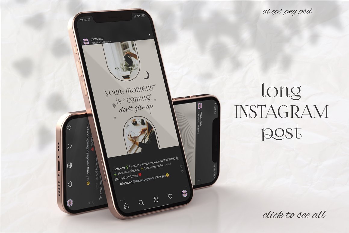 Iphone mockups with long Instagram posts on a gray background.