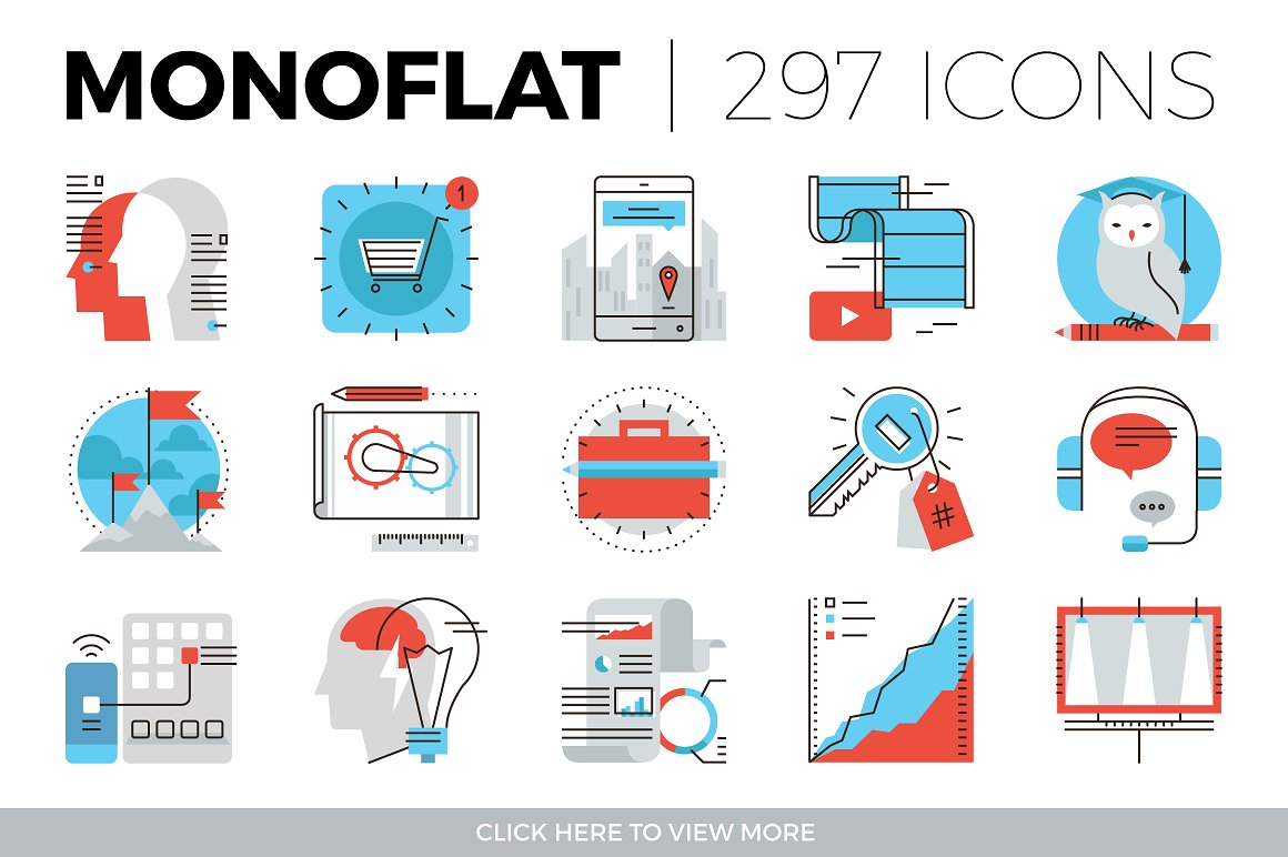 Black lettering "Monoflat 297 Icons" and 15 different colorful icons on a white background.
