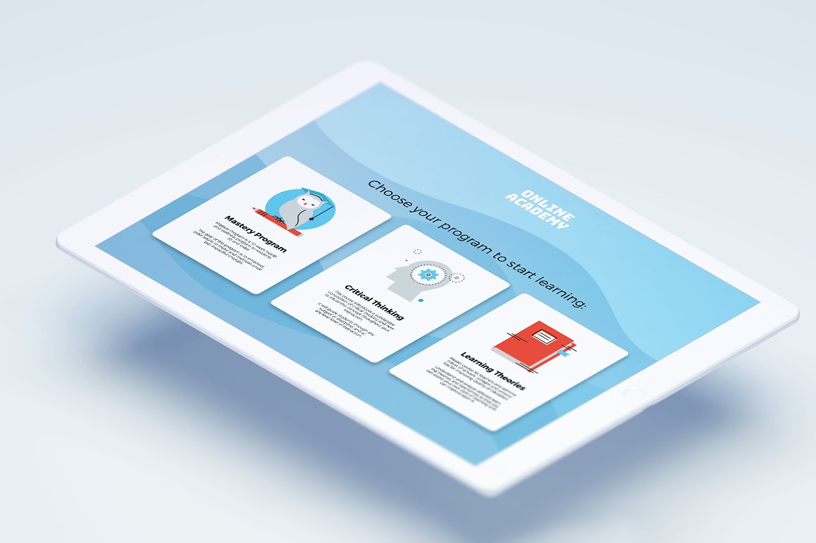 Mockup of ipad with template of online academy on a gray background.