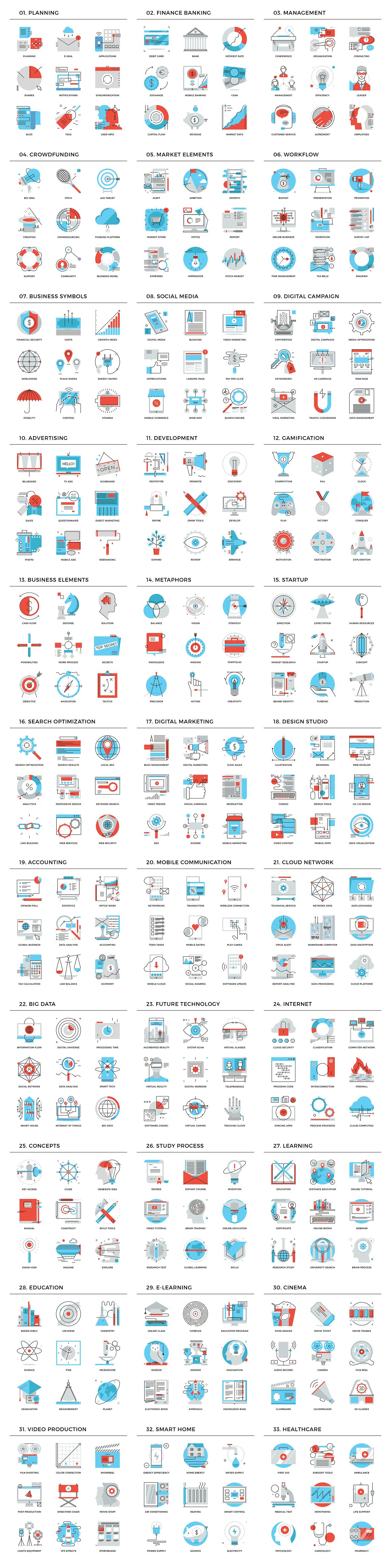 Collection of different colorful monoflat icons on a white background.