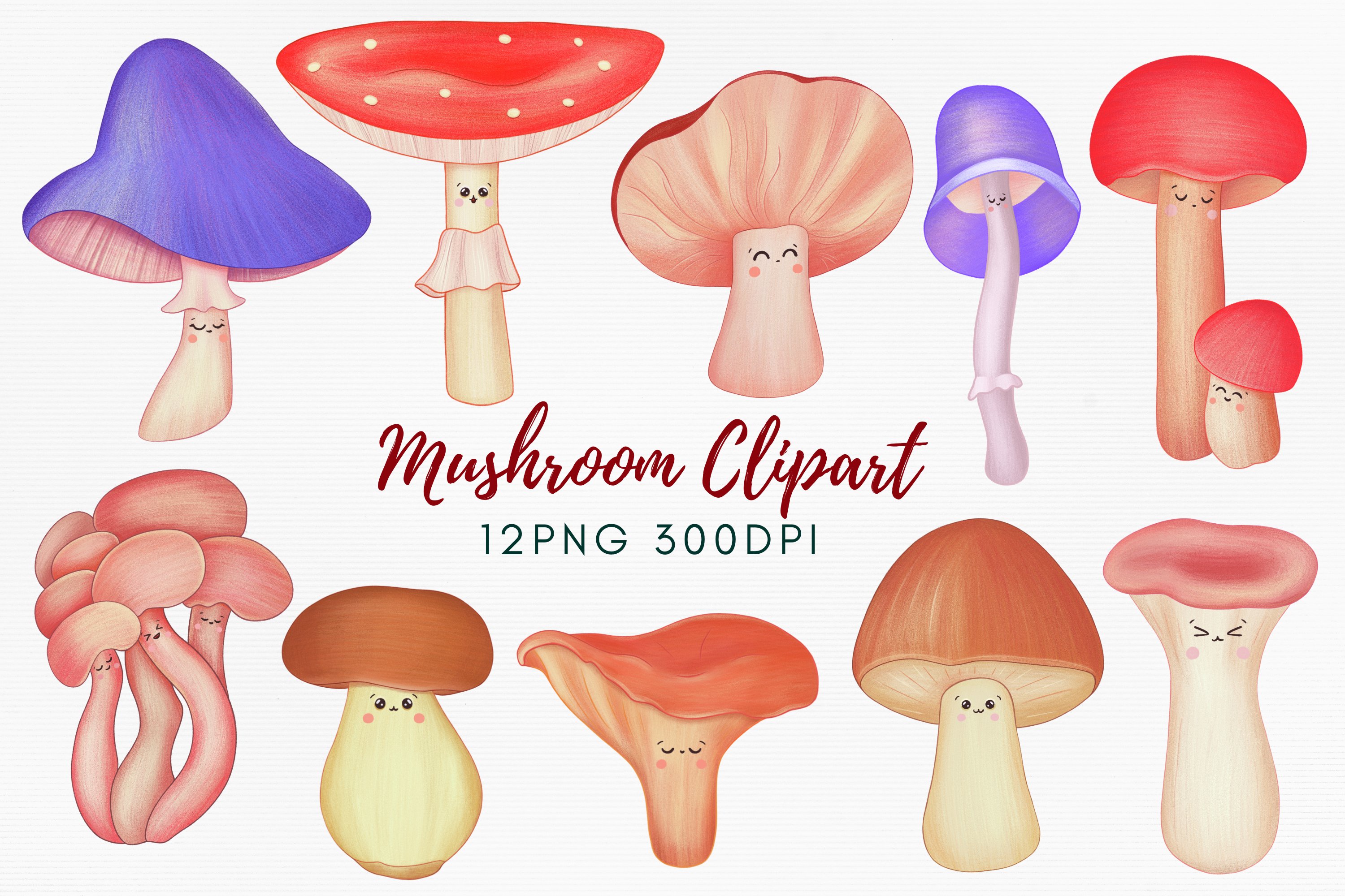 Red letetring "Mushroom Clipart" and different illustrations on a gray background.