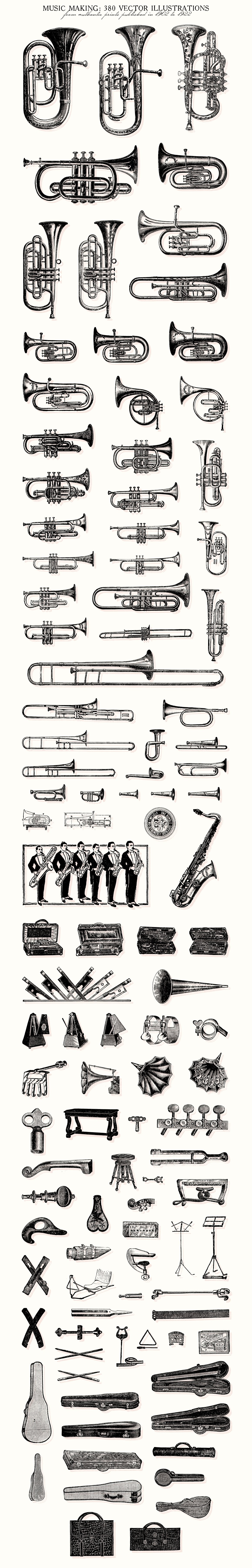Set of unique images of vintage musical instruments.