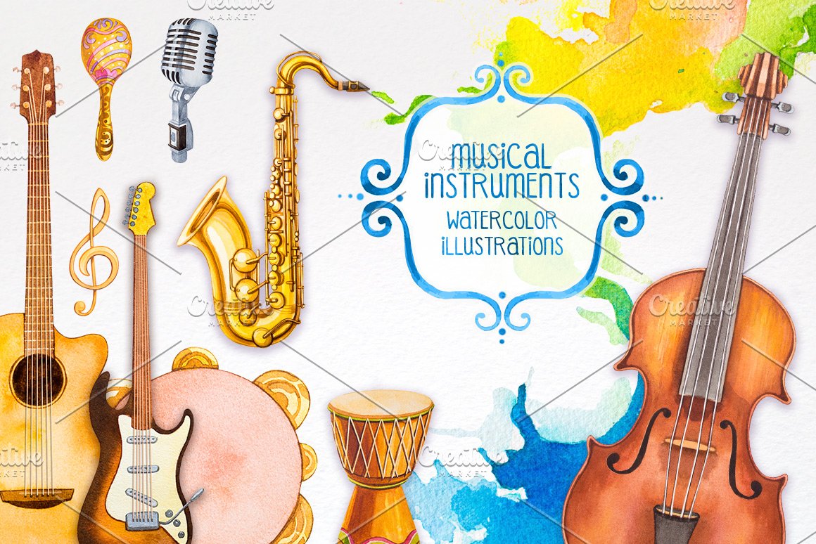 A selection of enchanting watercolor images of musical instruments.