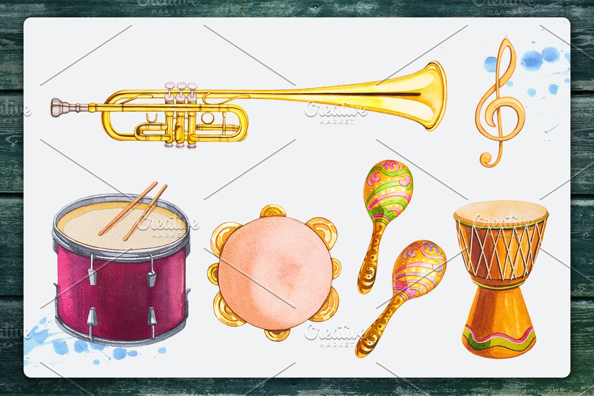 Collection of irresistible watercolor images of musical instruments.