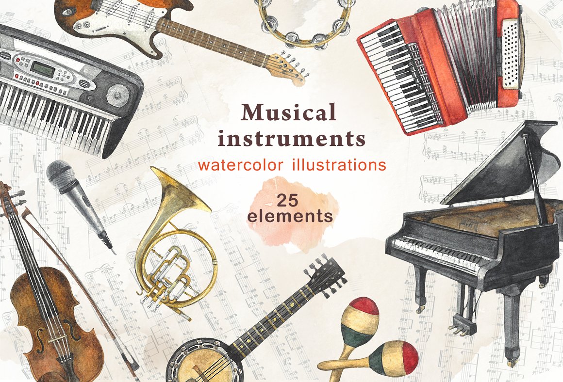 A selection of elegant watercolor images of musical instruments.