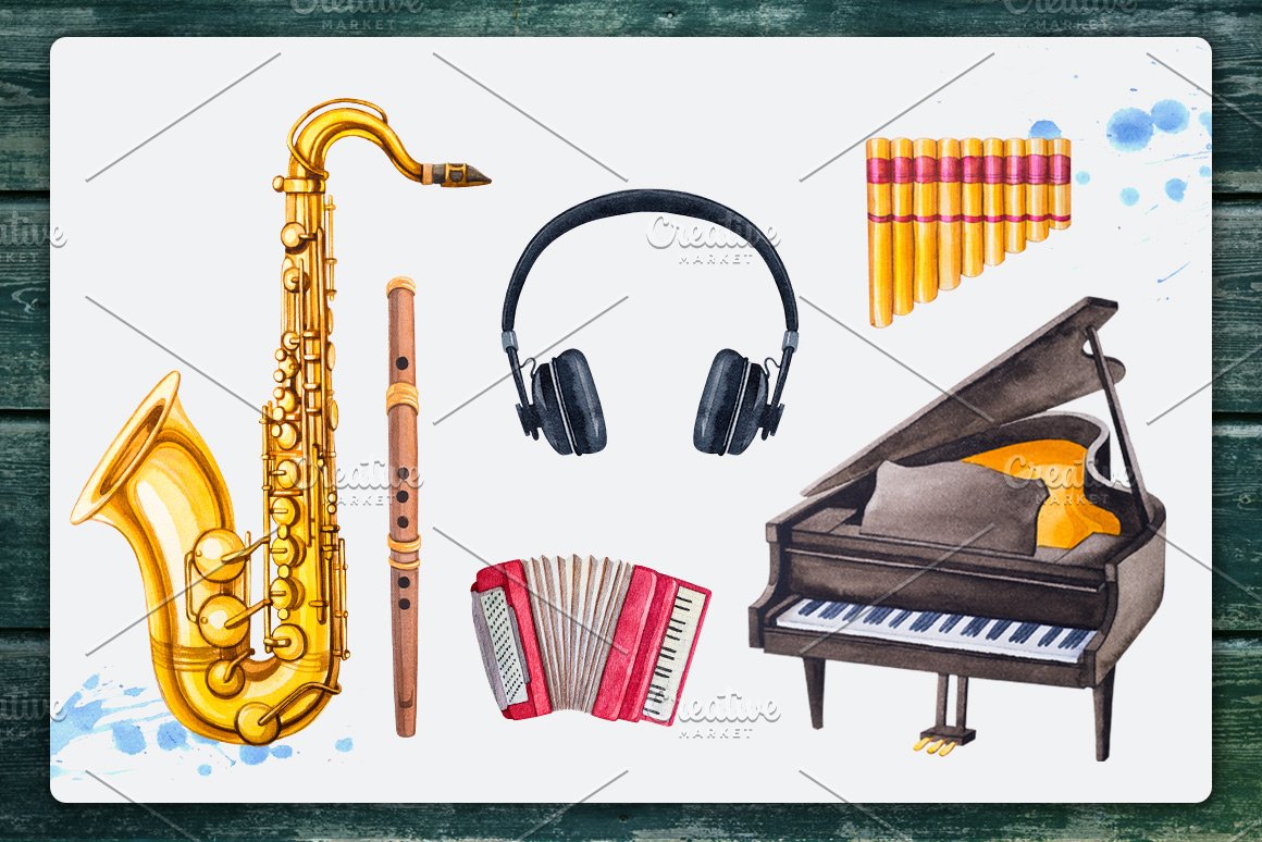 Pack of colorful watercolor images of musical instruments.