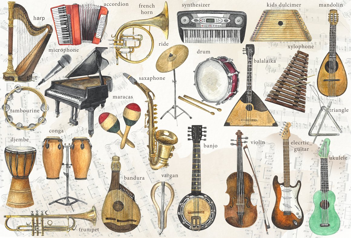 Collection of amazing watercolor images of musical instruments.