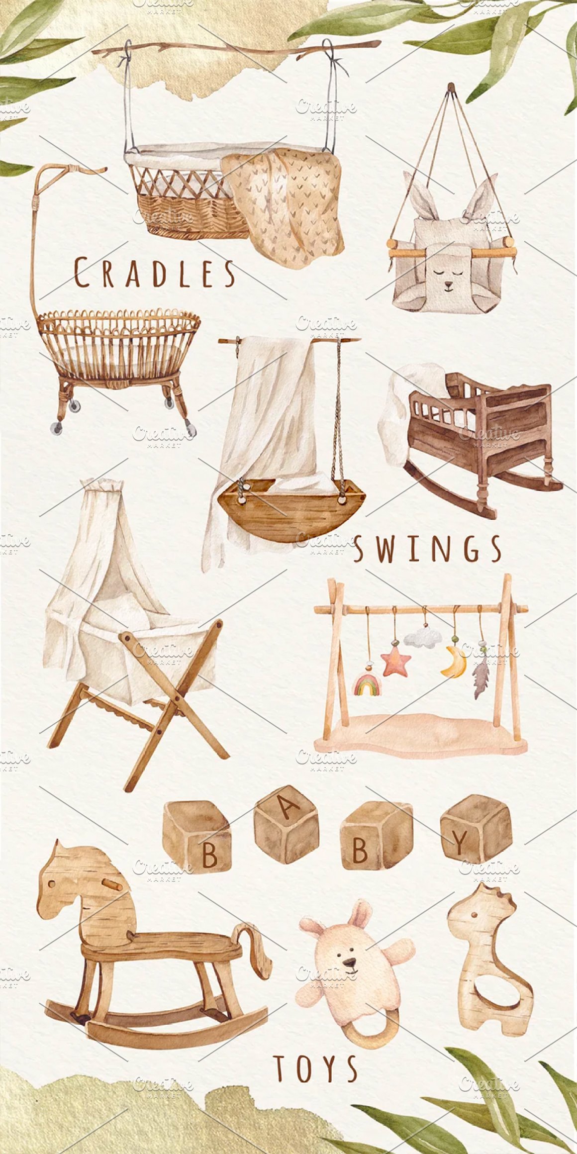 Wooden cradles and swings.