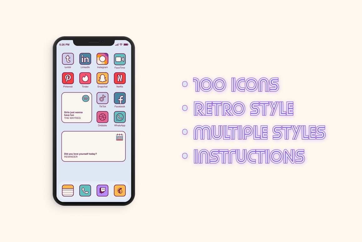 Mockup of iphone and purple bulleted list on a pink background.