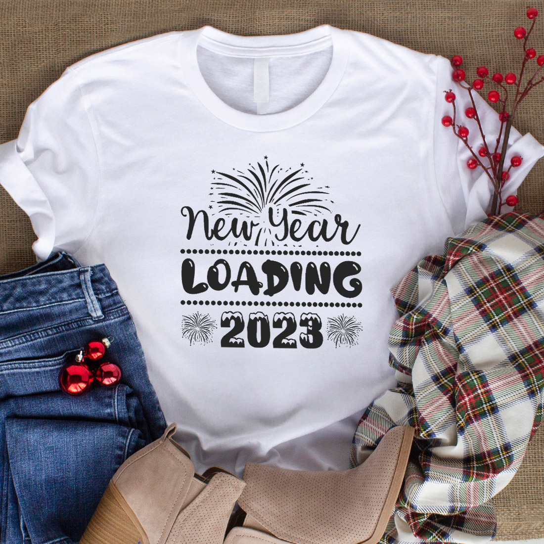 Image of a white t-shirt with an amazing inscription New year loading 2023