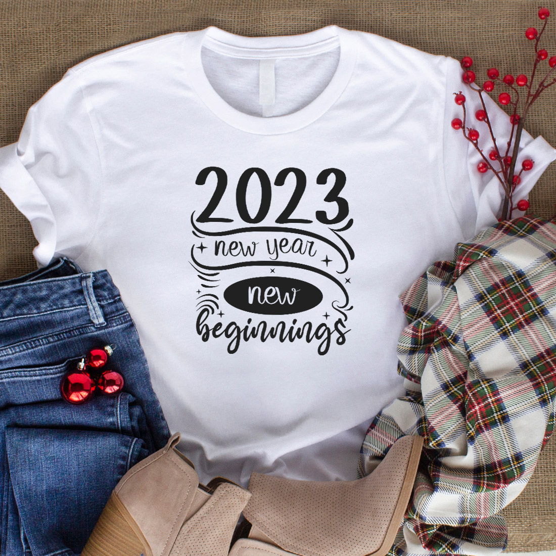 Image of a white t-shirt with a beautiful inscription 2023 new year new beginnings